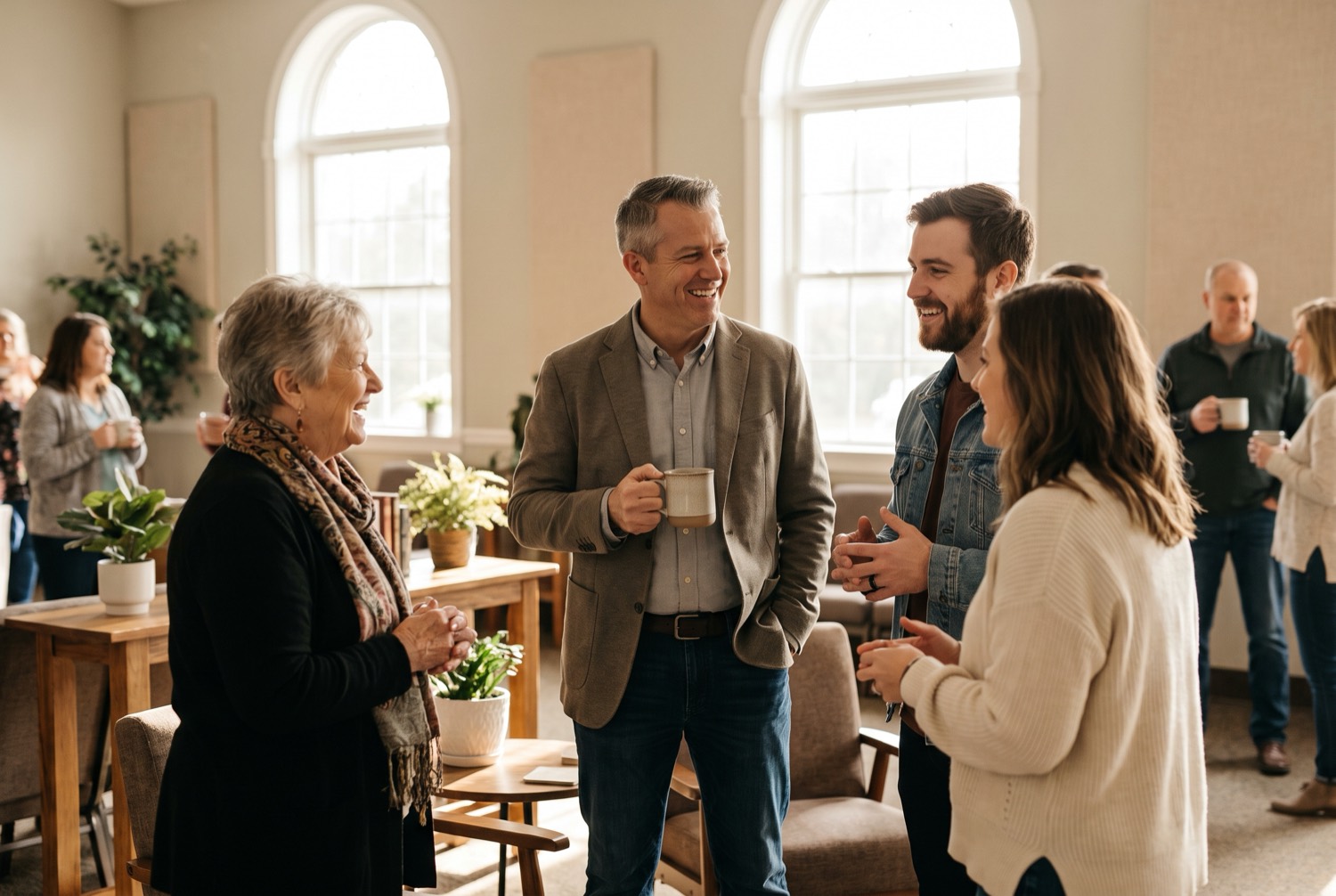 A pastor talking warmly with members of their congregation over coffee after a service.