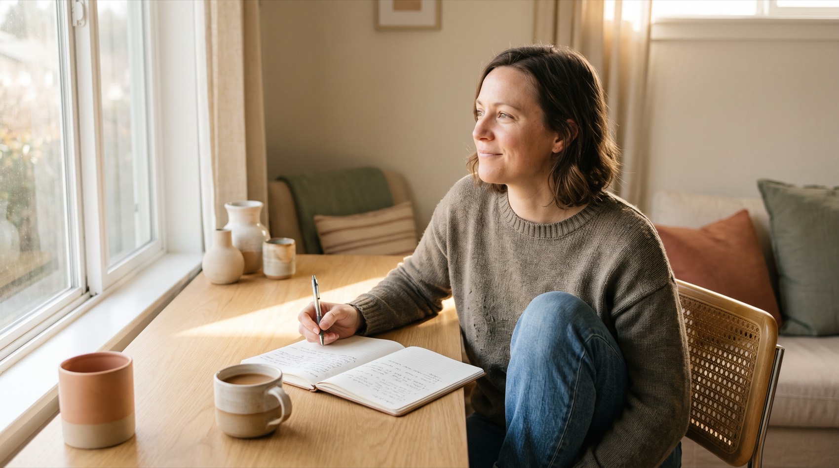 A church leader learning at a sunny desk with a notebook and coffee.