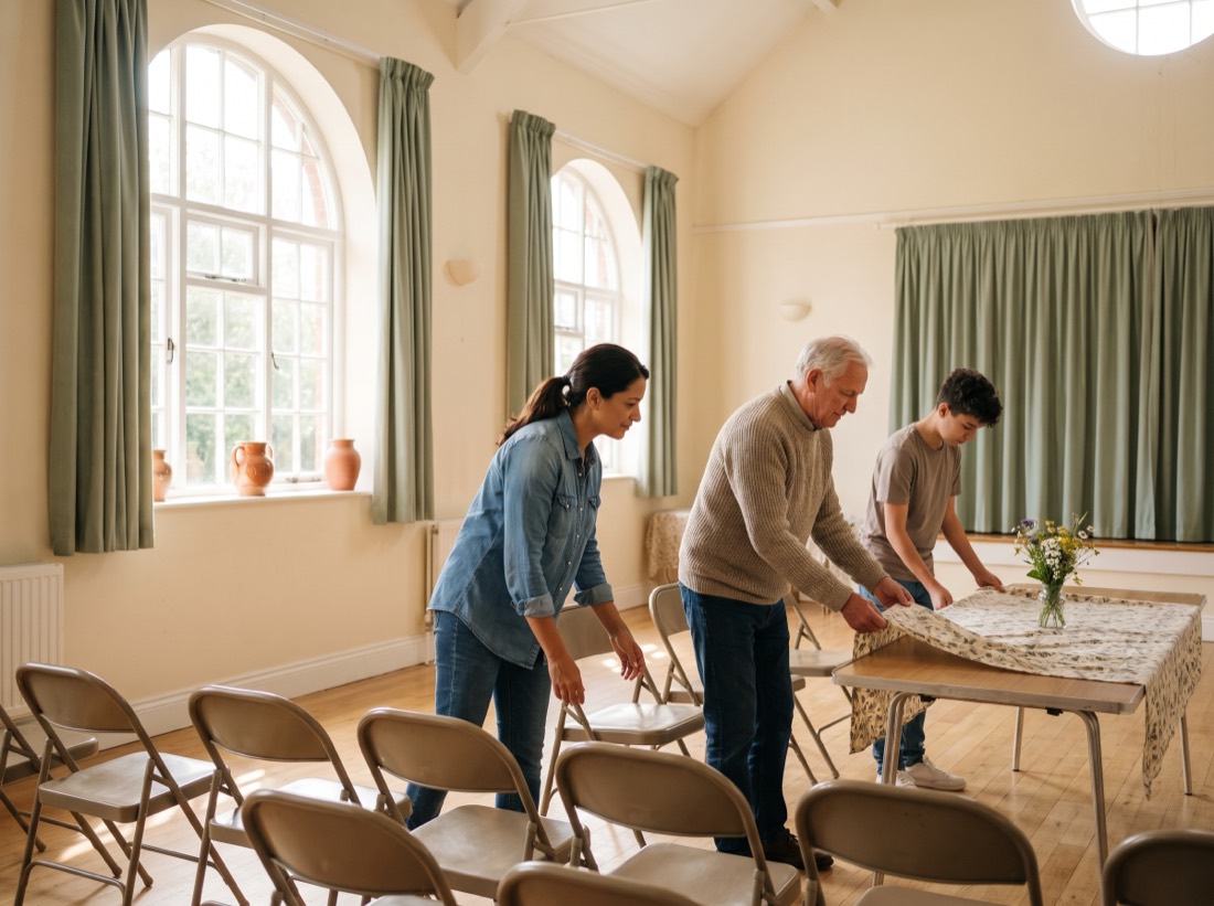 Volunteers calmly setting up a bright community hall before an event.