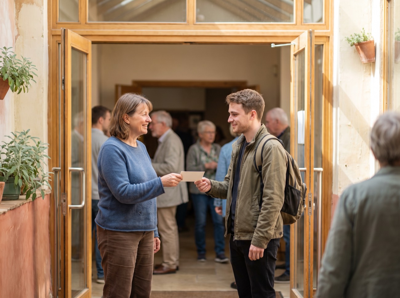 A greeter handing a welcome card to a first-time visitor.