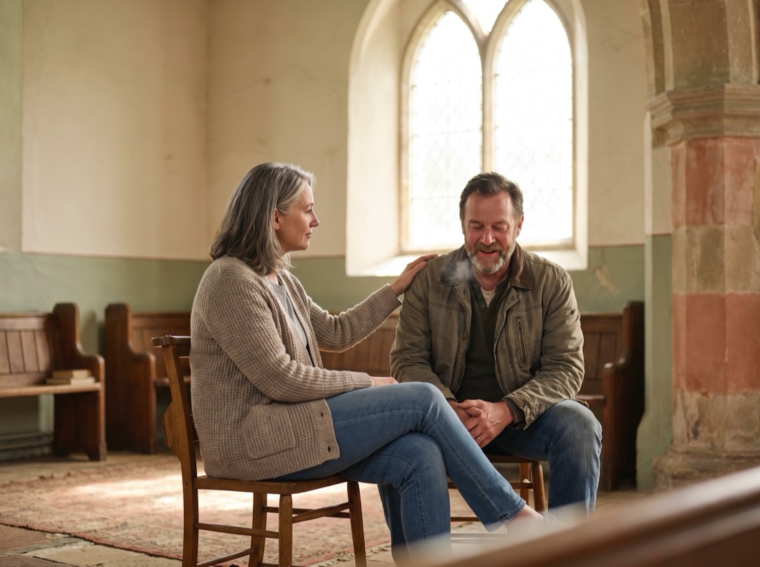Two people in a caring one-on-one conversation.