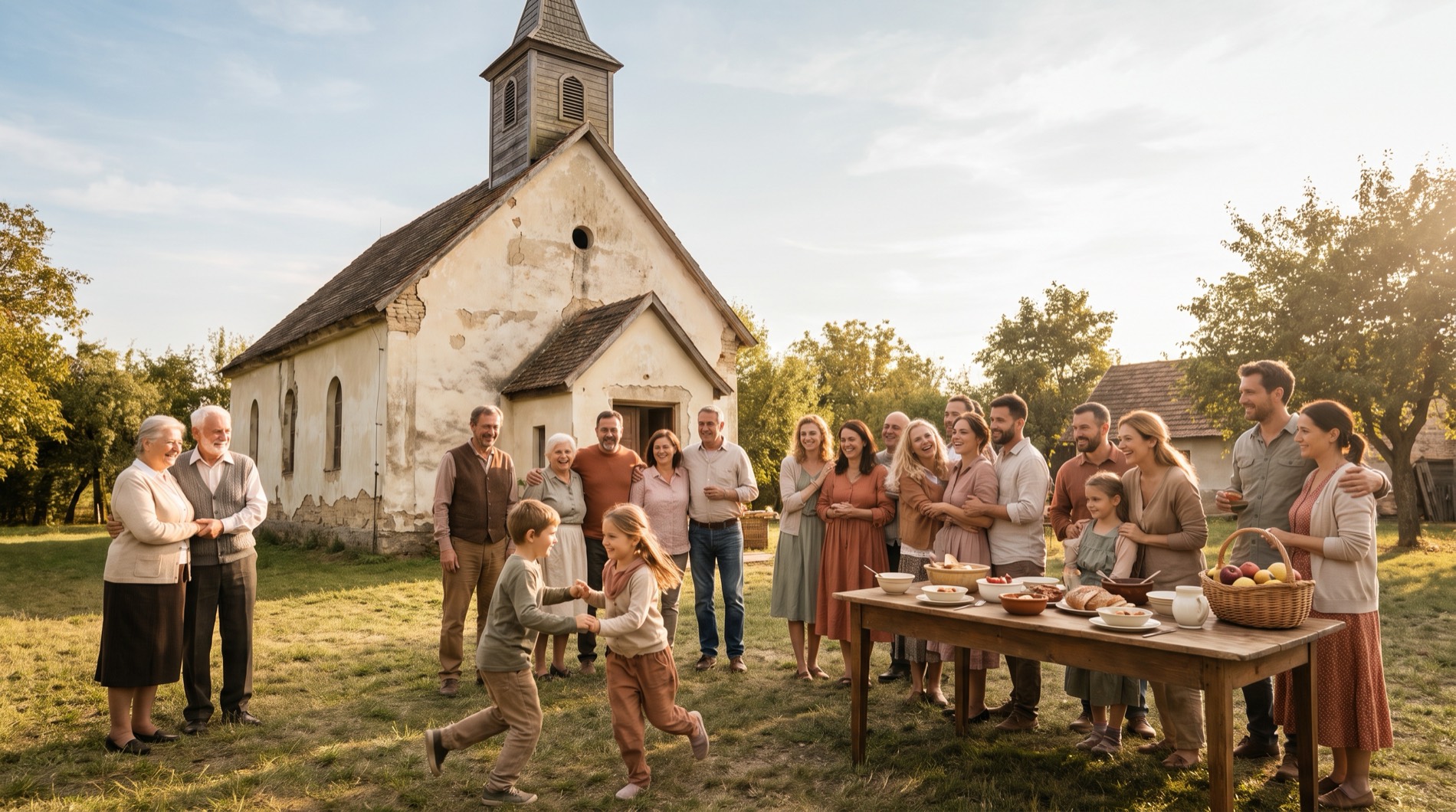 A small rural church community gathered warmly outside their building on a bright day.